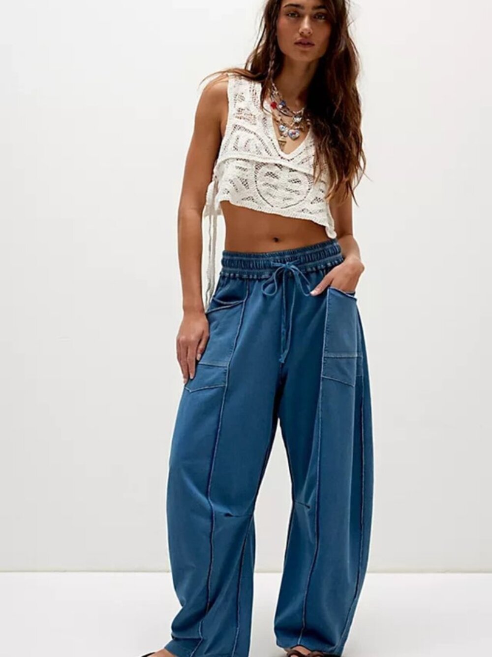 Free People Kaiden Barrel Pants Mid-rise Smocked Patch Pockets M